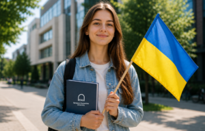 A young woman standing outside a university building labeled “EHU European Humanities University,” holding a Ukrainian flag and a notebook, smiling at the camera